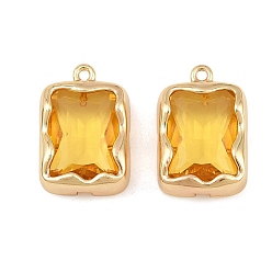Gold Brass Glass Pendants, Rectangle Charms, Faceted, Golden, Gold, 19x13x5mm, Hole: 1.4mm