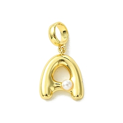 Letter A Покрытие стойки латунь с АБС-пластиком жемчуг европейские подвески, Подвески с большими отверстиями, долговечный, без свинца и без кадмия, реальный 18 k позолоченный, буква a, 22 мм длиной, отверстие : 5 мм, Кулон : 14x12x4.5 мм