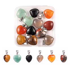 Mixed Stone 12Pcs 6 Style Natural Gemstone Pendants, with Platinum Tone Brass Findings, Heart, 17x15x5mm, Hole: 2mm, 2pcs/style