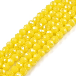Желтый Стеклянные бусины с гальваническим покрытием , гальваническое покрытие, граненые, рондель, желтые, 3.5~3.8x3 мм, отверстие : 0.4 мм, около 105~110 шт / нитка, 29~31 см