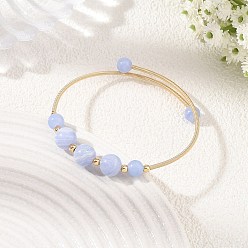 Blue Lace Agate Natural Blue Lace Agate Round Graduated Beaded Brass Cuff Bangles, Golden, Inner Diameter: 1.97 inch(5cm)