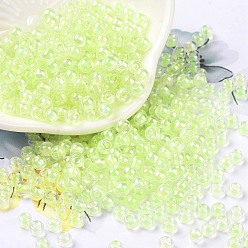 Green Yellow 6/0 Glass Seed Beads, Inside Colours, Round, Transparent Colours Rainbow, Green Yellow, 4x3mm, Hole: 1.2mm, about 6925pcs/pound