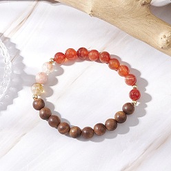 Красный Агат Браслеты из натурального сандалового дерева, полосатого агата и сердолика с круглыми бусинами для женщин, внутренний диаметр: 2-1/4 дюйм (5.8 см)