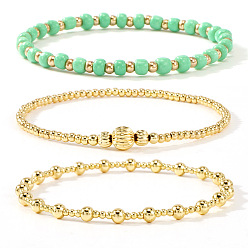 Бледно-Зеленый 3Штукатурные браслеты из круглых бусин из стекла и латуни, эластичные., составные браслеты для женщин, золотые, бледно-зеленый, 6.50 дюйм (16.5 см) ~ 6.89 дюйм (17.5 см)
