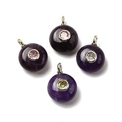 Аметист Природный аметист плоские круглые подвески, подвески из горного хрусталя с латунной микропаве кубическими цирконами, золотые, 17x12x7.5 мм, отверстие : 2x1 мм