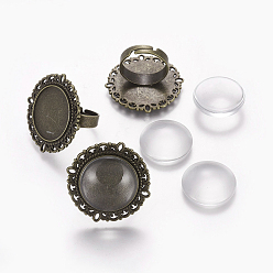 Antik Bronze Diy Ring machen, Vintage verstellbare Eisenringkomponenten, mit Klarglas Cabochons, Flachrund, Antik Bronze, Fach: 20 mm, Ring: Größe 7, 17 mm, Cabochon: 19.5~20x5.5 mm, 2 Stück / Satz