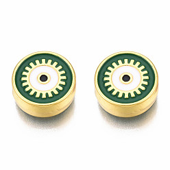 Темно-Зеленый Стойки обшивки сплава эмали подвески, золотой свет, без кадмия, без никеля и без свинца, плоские круглые с сглаза, темно-зеленый, 12x4.5 мм, отверстие : 2 мм