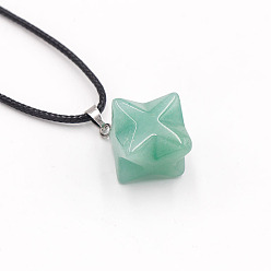 Зеленый Авантюрин Подвеска в виде звезды из натурального зеленого авантюрина, ожерелье из черного шнура из искусственной кожи, со сплавочной фурнитурой, платина, 19.69 дюйм (50 см)