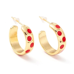 Красный Серьги-гвоздики из настоящей позолоченной латуни 18k для женщин, серьги-кольца с эмалью и узором в горошек, серьги-кольца с реечным покрытием, без кадмия и без свинца, красные, 6x19x2 мм, штифты : 1 мм