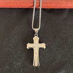 Couleur Acier Inoxydable Religion 304 Colliers pendentifs en acier inoxydable, cristal et strass pour hommes, croix, couleur inox, 23.62 pouce (60 cm)