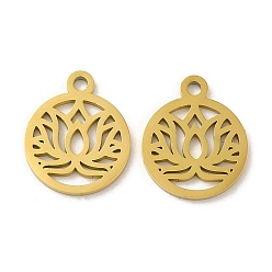 Золотой Ионное покрытие (ip) 304 брелоки из нержавеющей стали, лазерная резка, плоский круглый с подвеской в виде лотоса, золотые, 14.5x12x1 мм, отверстие : 1.5 мм