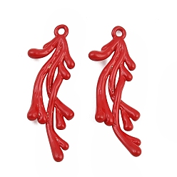 Red Brass Enamel Pendants, Coral Charms, Rack Plating, Long-Lasting Plated, Lead Free & Cadmium Free, Red, 32x10x3mm, Hole: 1.5mm