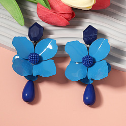 Темно-Голубой Серьги-гвоздики из сплава и смолы, цветок с каплей, глубокое синее небо, 107x55 мм