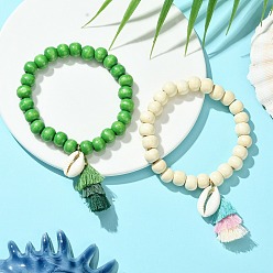 (52) Непрозрачная лаванда 2шт 2 цвета окрашенные натуральные деревянные круглые браслеты из бусин для женщин, с подвеской-кисточкой из поликоттона, разноцветные, внутренний диаметр: 2-1/2 дюйм (6.5 см)