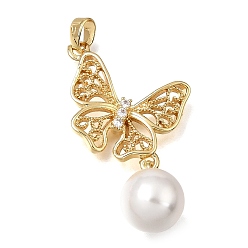 Golden Brass Micro Pave Clear Cubic Zirconia with ABS Imitation Pearl Pendants, Butterfly Charms, Rack Plating, Long-Lasting Plated, Cadmium Free & Lead Free, White, Golden, 36x19x10mm, Hole: 5x2.5mm