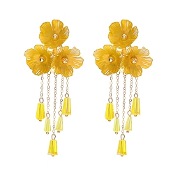 Gold Alloy Glass Flower Stud Dangle Earringsl, Golden, Gold, 106x44mm