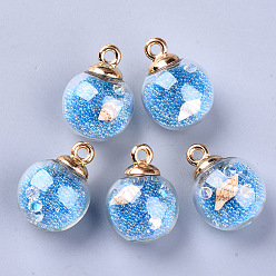 Light Sky Blue Transparent Glass Globe Pendants, with Resin & Resin Rhinestone & Conch Shell & Glass Micro Beads inside, Plastic CCB Pendant Bails, Round, Golden, Light Sky Blue, 21.5x16mm, Hole: 2mm