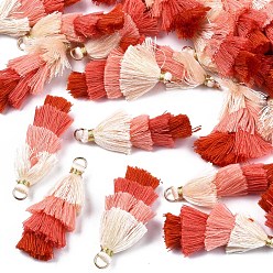Rouge Polycoton (polyester coton) pompon en couches grandes décorations pendantes, avec les accessoires en fer, or, rouge, 48~55x12~15mm, Trou: 2.5x4.5mm