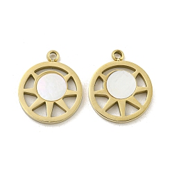 Real 14K Gold Plated 304 Stainless Steel Pave Shell Flat Round with Sun Charms, Real 14K Gold Plated, 14.5x12x1.5mm, Hole: 1.4mm