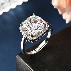 Квадрат Регулируемые 925 кольца-манжеты из стерлингового серебра с микропаве из кубического циркония для женщин, Реальная платина, квадратный, внутренний диаметр: 17.6 мм, площади: 13.5x13 mm