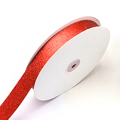 Red Sparkle Polyester Satin Ribbon, Christmas Ribbon, with Glitter Powder, Red, 3/8 inch(9~10mm), about 50yards/roll(45.72m/roll)