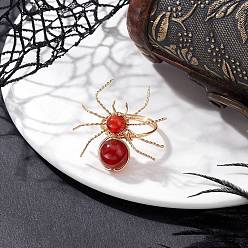 Красный Агат Перстни из натурального сердолика с бусинами, паук, с золотой экологичной медной проволокой, внутренний диаметр: 18 мм