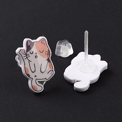 Light Salmon Acrylic Cat Stud Earrings with Platic Pins for Women, Light Salmon, 14.5x10.5mm, Pin: 1mm
