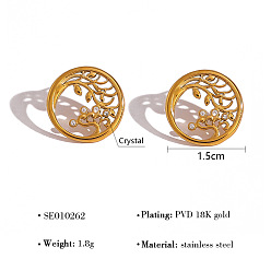 Tree of Life 304 Stainless Steel Rhinestone Stud Earrings, Golden, Tree of Life, 15mm