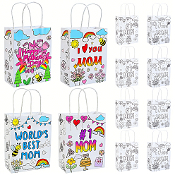 White 12Pcs 2 Styles Word Mom Printed Paper Gift Bags with Handle, Portable Shopping Bags for Mother's Day Gift Wrapping, Rectangle, White, 21x16x8cm, 6pcs/style