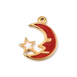 Doré  304 Pendentifs en acier inoxydable émaillé rouge, breloques lune et étoile, or, 16x12.5x1.5mm, Trou: 1mm