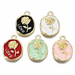 (52) Непрозрачная лаванда Стойки обшивки сплава эмали подвески, золотой свет, без кадмия, без никеля и без свинца, овал с розой и словом любовь, разноцветные, 21x16x3 мм, отверстие : 1.6 мм