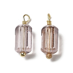 Розово-Коричневый Подвески из полупозолоченного стекла, с петлей из латуни, покрытой настоящим золотом 18k, подвеска в виде граненой колонны, розово-коричневый, 14.5x5 мм, отверстие : 1.6 мм