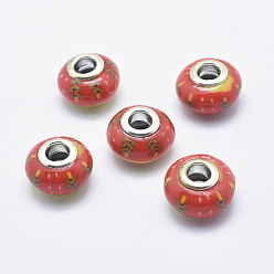 Orange rot Handgemachte  europäischen Fimo-Perlen, mit versilberten Messingkernen, Großloch perlen, Rondelle mit Baummuster, orange rot, 13~16x8~11 mm, Bohrung: 4.5~5 mm