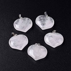Quartz Crystal Natural Quartz Crystal Pendants, Rock Crystal Pendants, Love Heart Charms, with Platinum Tone Brass Snap on Bails, 24~25.5x25x9.5~10mm, Hole: 8x2.8mm