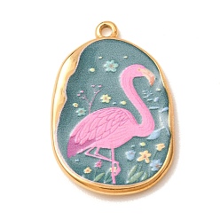 Flamingo Shape Printed 304 Stainless Steel Enamel Pendants, Oval Charms, Golden, Flamingo Shape Charms, 33.5x22x3mm, Hole: 2mm