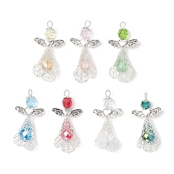 (52) Непрозрачная лаванда 7шт 7цвета гальванизированные стеклянные бусины подвески, ангел, с латунными филигранными бусинами и крылышками из сплава, разноцветные, 48x23.5x15.5 мм, отверстие : 3.5 мм, 1 шт / цвет