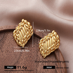 Rhombus 304 Stainless Steel Stud Earrings for Women, Half Hoop Earrings, Golden, Rhombus, 28x20mm
