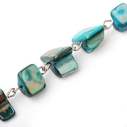 Medium Turquoise Handmade Sea Shell Beads Chains for Necklaces Bracelets Making, with Iron Eye Pin, Unwelded, Platinum, Medium Turquoise, 39.9 inch