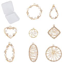 Mixed Color Brass Wire Wrapped Pendants, with Crystal Rhinestone and ABS Plastic Imitation Pearl, Mixed Shapes, Mixed Color, 36x20x5mm, Hole: 2mm, 8pcs/box