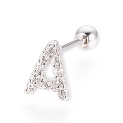 Letter A Boucles d'oreilles en argent sterling plaqué rhodium, micro pavé, zircone cubique transparente, haltère, cartilage, letter.a, 925mm, pin: 6x5x1.5 mm