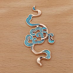 Blue Alloy Enamel Cabochons, Light Gold, Cloud, Blue, 52x27mm
