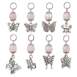 Античное Серебро 8шт. подвески из сплава в виде бабочки в тибетском стиле, с устойчивыми к потускнению 304 разъемными кольцами из нержавеющей стали и бусинами из натурального розового кварца, античное серебро, 25~37x10~20x8.5 мм, отверстие : 6.5 мм, 8 шт / комплект