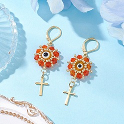 Оранжевый Сглаз с крестом 304 нержавеющая сталь стеклянные бусины серьги с застежкой-молнией, с рыболовной нитью, нейлоновой проволокой и бусинами лэмпворк ручной работы, золотые, оранжевые, 56x19 мм