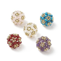 Mixed Stone 5Pcs 5 Style Natural & Synthetic Mixed Gemstone & Brass Woven Beads, Cluster Beads, Round, 22~24mm, Hole: 2.5~4mm, 1Pc/style