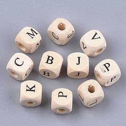 Antique White Natural Wooden European Beads, Horizontal Hole, Large Hole Beads, Undyed, Cube with Letter, Antique White, 10x9.5x9.5mm, Hole: 4mm, about 905pcs/500g