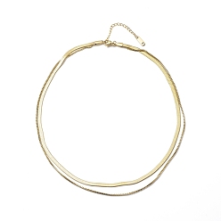Light Gold 304 Stainless Steel Box & Herringbone Chains Double Layer Necklace for Men Women, Light Gold, 16.06 inch(40.8cm)