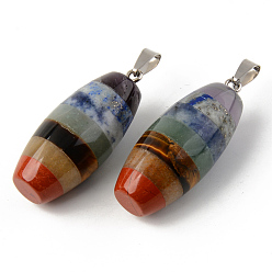 Смешанные камни Подвески из натурального аметиста, лазурита, содалита и зеленого авантюрина, тигрового глаза, топаза, нефрита и красной яшмы, с дужками из нержавеющей стали, овальные, 48.5x20 мм, отверстие : 4x8.5 мм