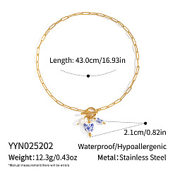 Сердце Стиль морского отдыха 304 Женские ожерелья с подвесками из нержавеющей стали, сине-белого фарфора и искусственного жемчуга, золотые, сердце, 16.93 дюйм (43 см)