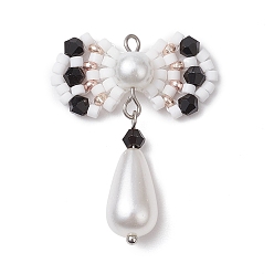 Черный Стеклянные бусины ручной работы, Ткацкий станок, с акриловыми шариками, бантом кулон, чёрные, 33x26.5x7.5 мм, отверстие : 2 мм