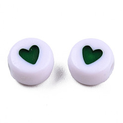 Dark Green Opaque Acrylic Beads, with Enamel, Flat Round with Heart, Dark Green, 7x3.5mm, Hole: 1.2mm, about 3600~3700pcs/500g